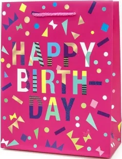 Пакет подарочный, С Днем Рождения! (яркие буквы), Фуше, с блестками, 32*26*10 см, 1 шт.