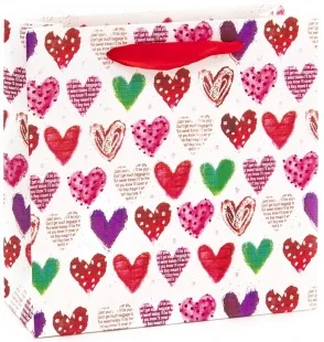 Пакет подарочный, Разноцветные сердца, Белый, Металлик, 20*20*8 см, 1 шт.