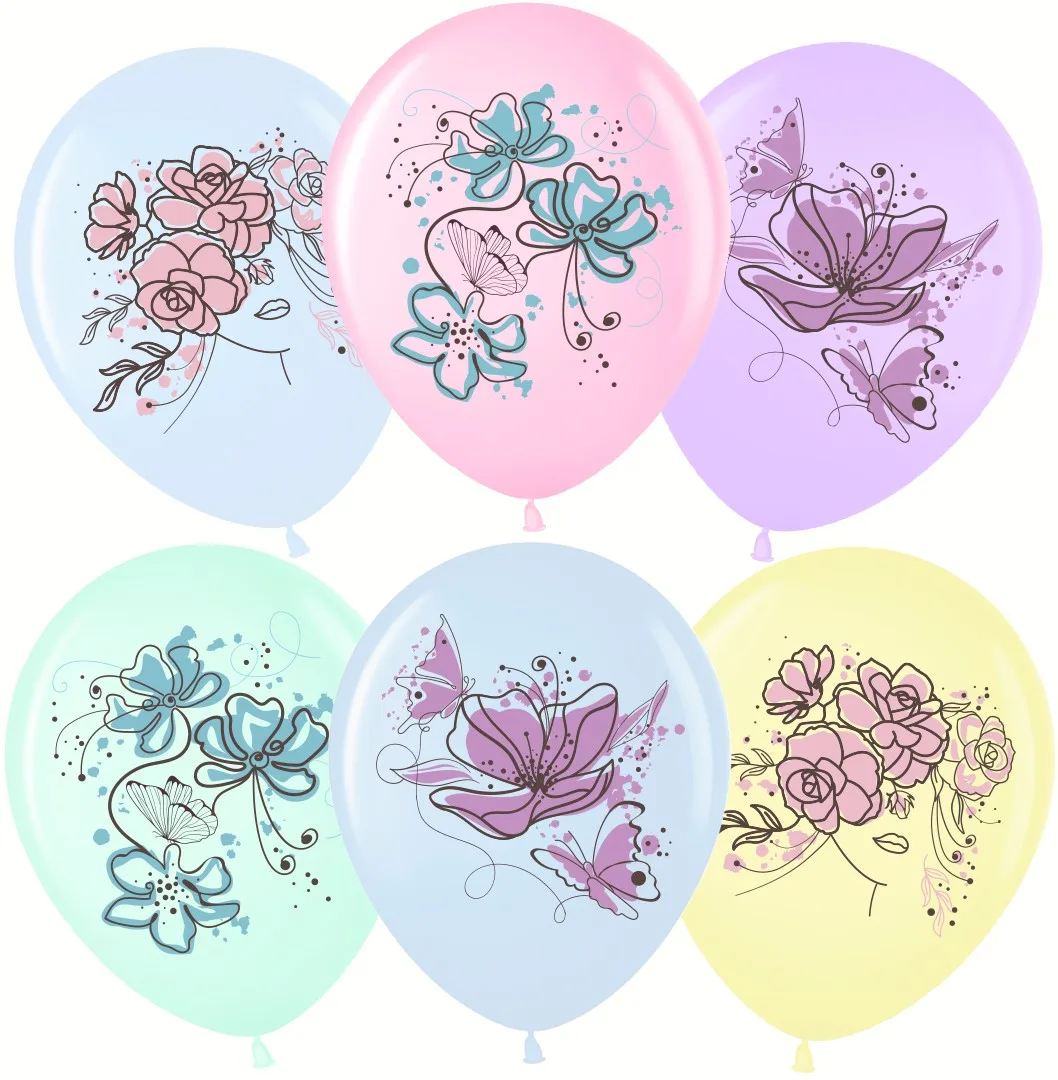 ВВ 12''/30 см Акварельные цветы, Ассорти, макарунс, 1 ст, 25 шт.(Малайзия)