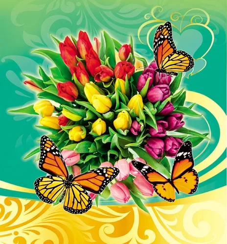 Мини открытка Тюльпаны и бабочки 112х83  (20 шт.)