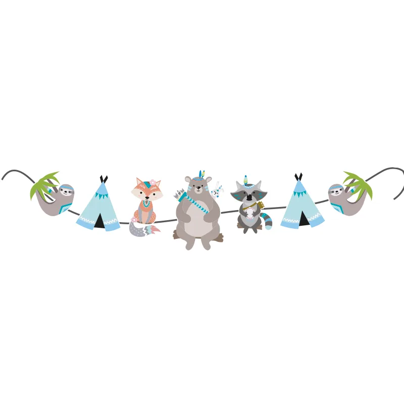 Гирлянда бумажная "С Днем рождения!" Зверята Бохо (фигурная форма)