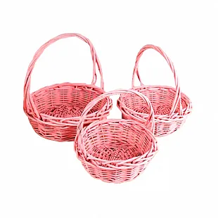Набор плетеных корзин с ручкой 3 в 1. Ива розовая 22*22*25 см/24,5*24,5*30 см/34*34*35 см