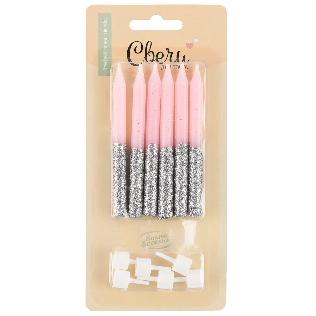 Свечи Сверкающий глиттер, Розовый/Серебро, с блестками, 0,77*8 см, 6 шт. с держат.