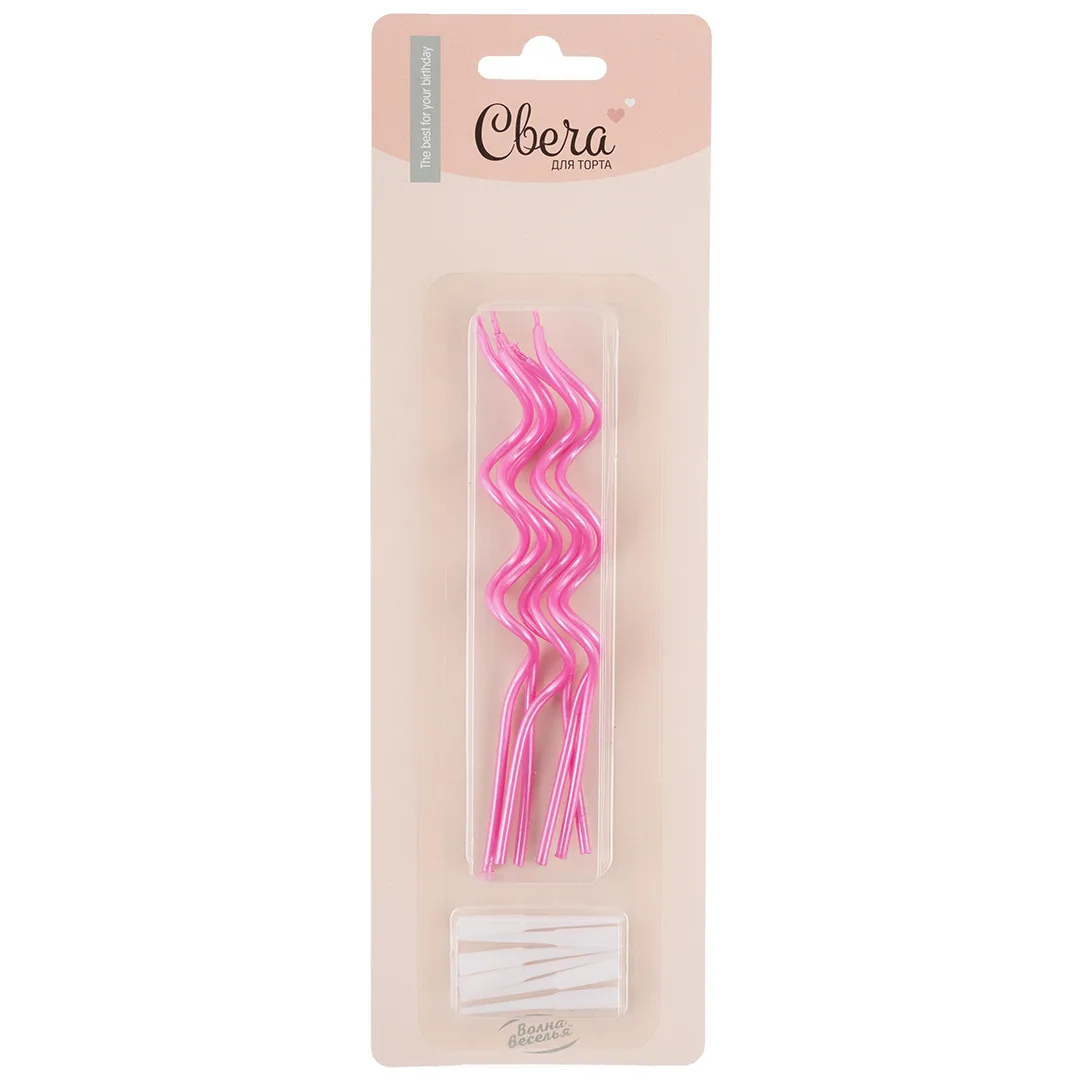 Свечи Коктейльные, Тонкие спирали, Розовый, Перламутр, 0,3*12 см, 6 шт. с держат.