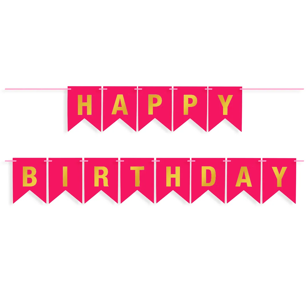 Гирлянда Флажки, Happy Birthday, Фуше/Золото, Металлик, 500 см, 16*12 см, 1 упак.