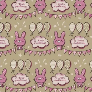 Упаковочная бумага, Крафт (0,7*1 м) С Днем Рождения! (зайчата), Розовый, 1 шт.
