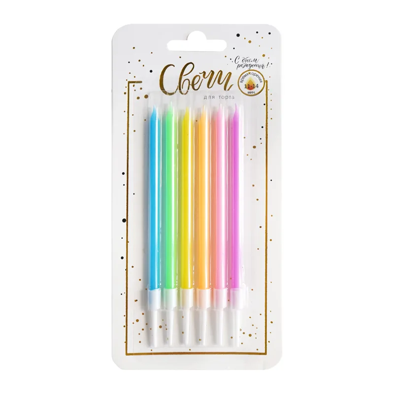 Свечи тортово-коктейльные Микс Неон с держателями 14 см. 6 шт.