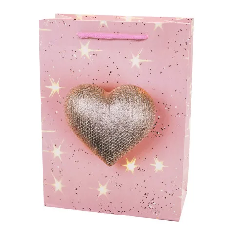 Пакет подарочный, Сверкающее сердце, Розовый, 40*31*12 см, 1 шт.