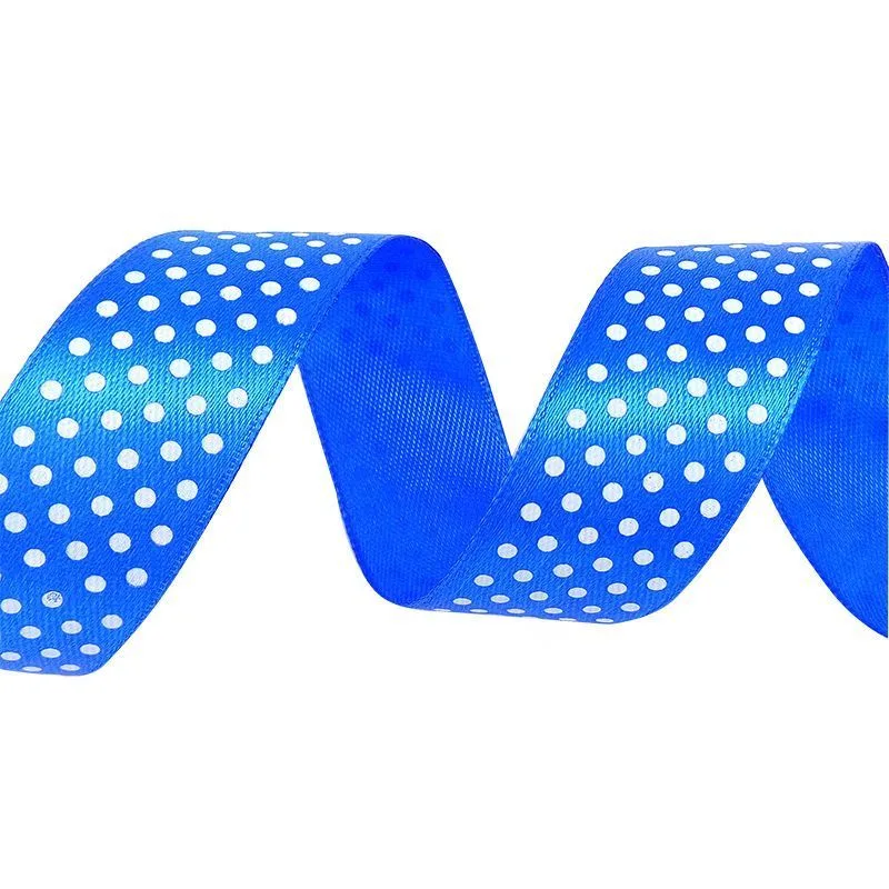 Лента Атлас Синий в белый горох/ 25 мм * 22,85 м (Китай)