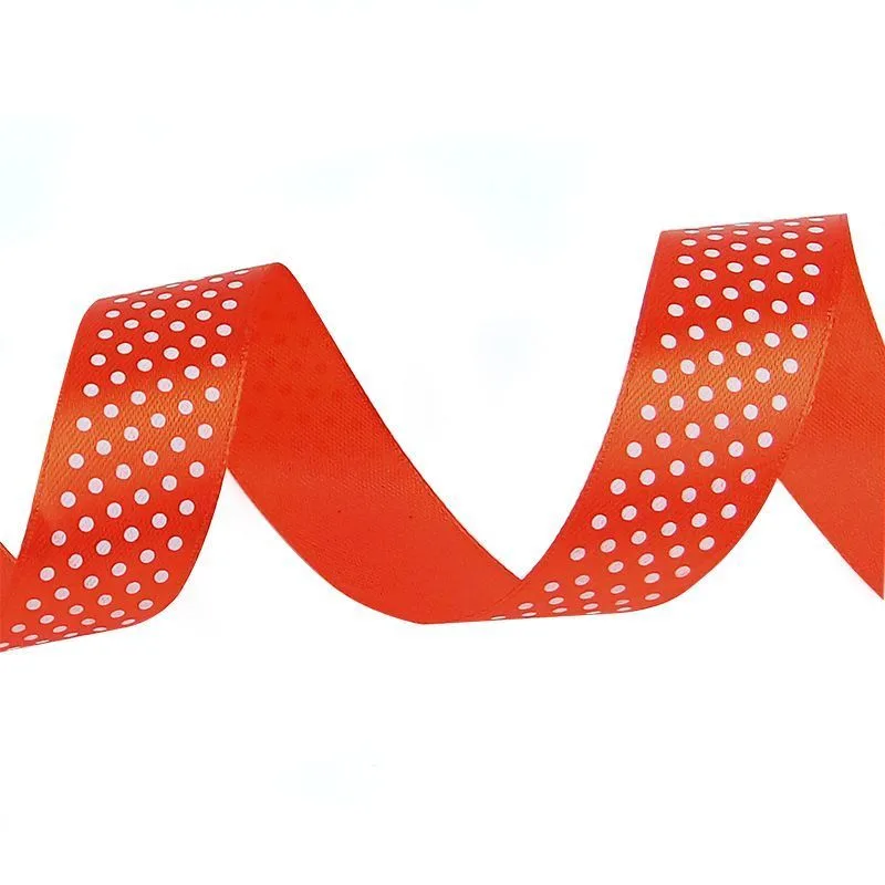 Лента Атлас Красный в белый горох/ 25 мм * 22,85 м (Китай)