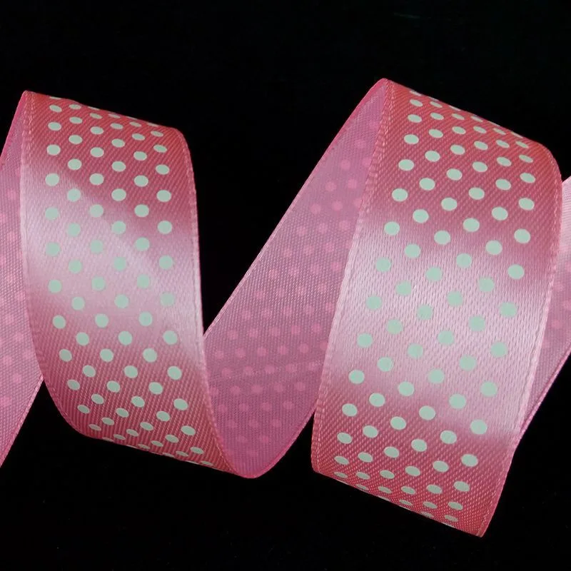 Лента Атлас Розовый в белый горох/ 25 мм * 22,85 м (Китай)