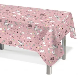 Скатерть ПЭТ, Радужный единорог, С Днем Рождения!, Розовый, 120*180 см, 1 шт.