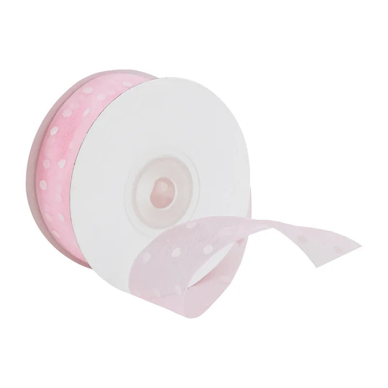 Лента Органза Нежно-розовая с точками айвори  / 25 мм * 22,85 м (Китай)