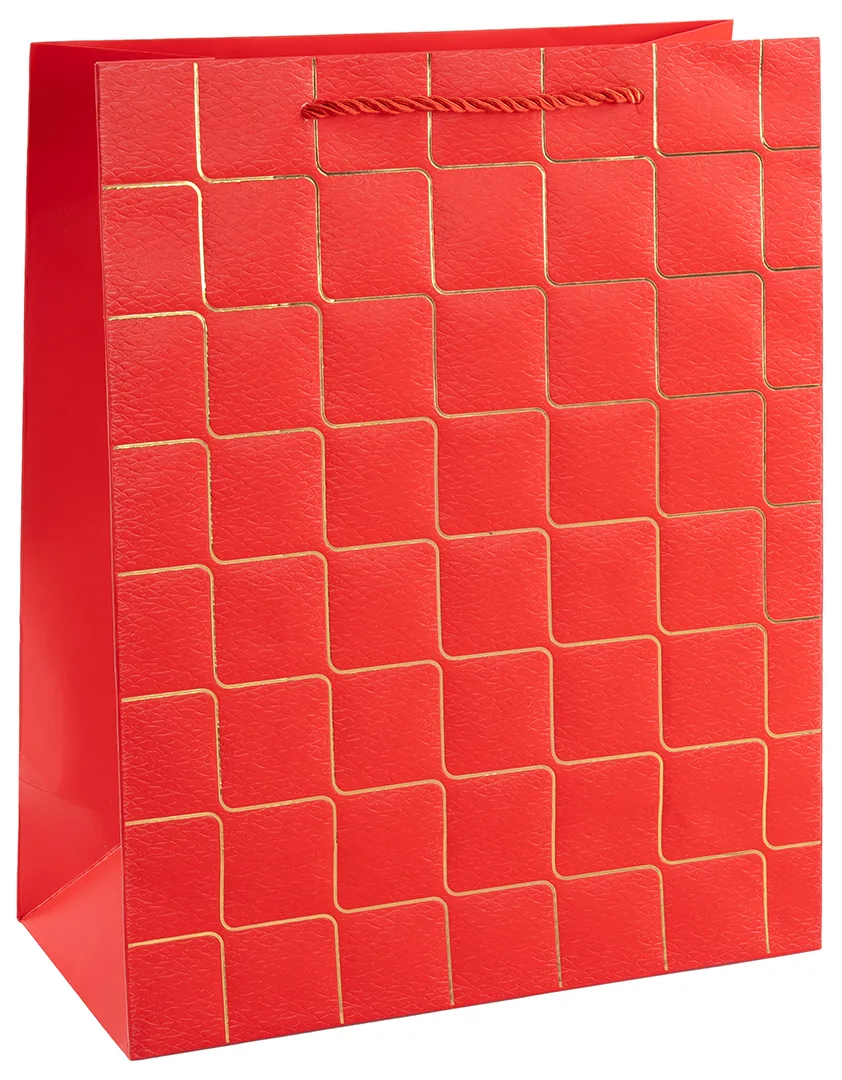 Пакет подарочный, 210гр, Золотые квадраты, Дизайн №2, Красный, Металлик, 32*26*12 см, 1 шт