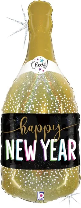 G 36"/91 см Бутылка Шампанское, С Новым Годом!, Золото, Голография, 1 шт.(Италия)
