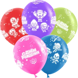 К 12"/30см Brawl Stars, С Днем Рождения, дизайн №4, Ассорти, пастель, 5 ст, 25 шт.  / (Китай)