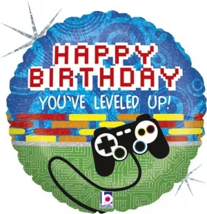 G 18''/46 см Шар (18''/46 см) Круг, С Днем Рождения, Новый уровень! (геймпад), Голография,  (Италия)
