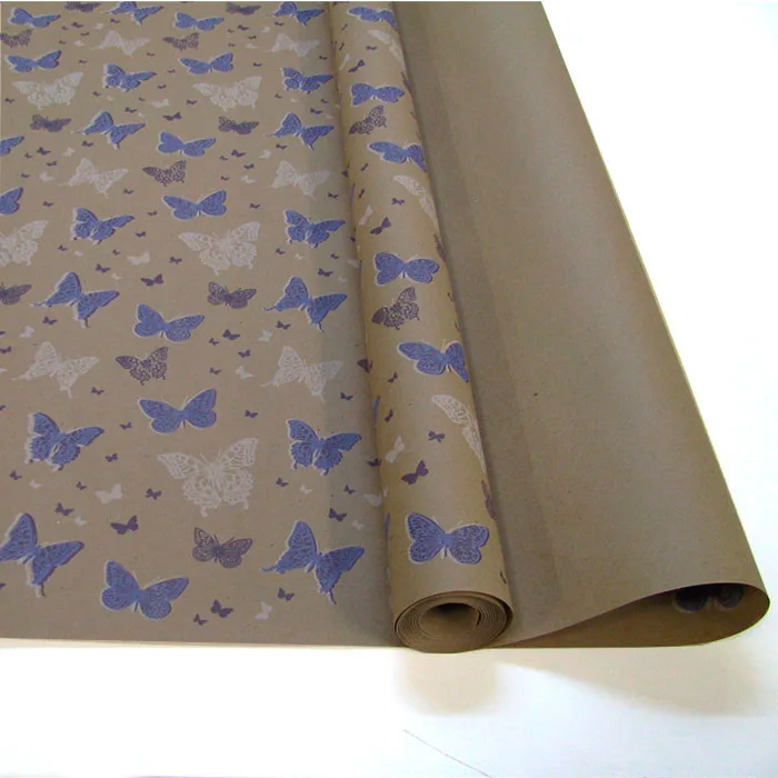 Крафт-бумага упаковочная "Бабочки" рисунок бело-сиреневый на коричневом / рулон 70 см*9м, 70 гр/м.кв