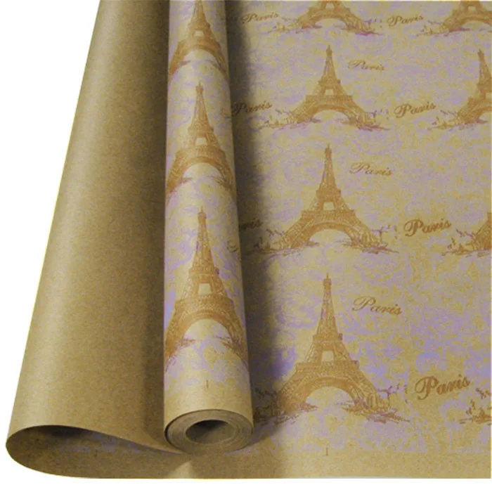 Крафт-бумага упаковочная "Париж" рисунок сиренево-коричне на коричневом / рулон 70 см*9м, 70 гр/м.кв