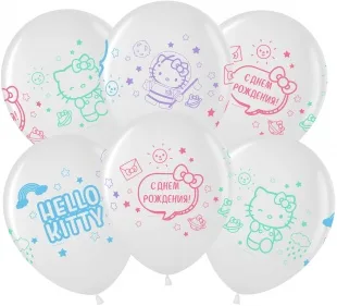 ВВ 12''/30 см Hello Kitty, С Днем Рождения!, Белый/Кристалл, 4 ст, 25 шт.(Малайзия)