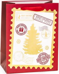 Пакет подарочный, Почтовая марка с елочкой, Красный, Металлик, 32*26*12 см, 1 шт.