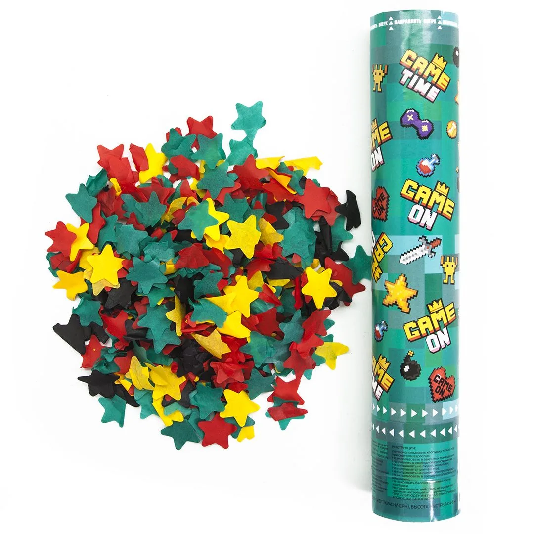 Пневмохлопушка (30 см), Game Time, Пиксели, Конфетти тишью, Звезды, 1 шт.