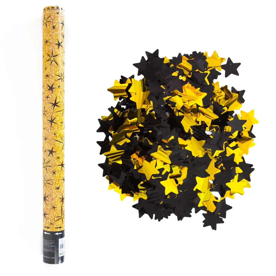 Пневмохлопушка (60 см), Звездные искры, Металлизированные звезды, Золото/Черный, 1 шт.