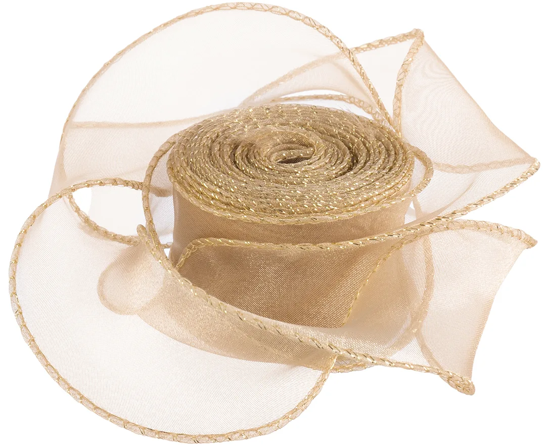 Лента декоративная (4 см*9,14 м) Органза с леской, Золотая кайма, Золото, 1 шт.