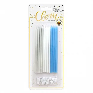 Свечи тортовые классические XL "Микс Металл" Голубой, белый, серебряный 12 шт.