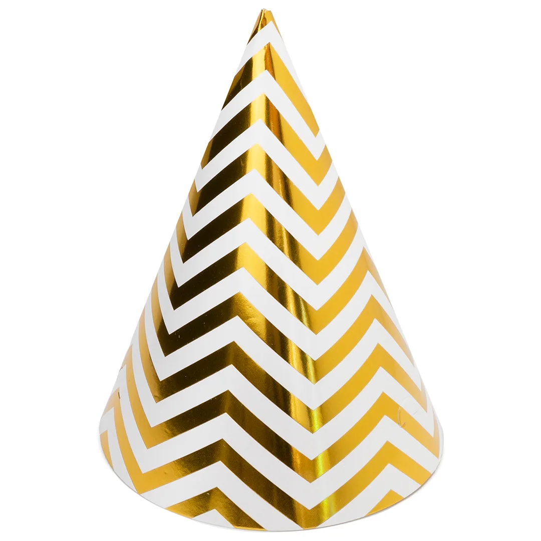Колпаки, Зигзаги, Белый/Золото, металлик, 16 см, 6 шт.