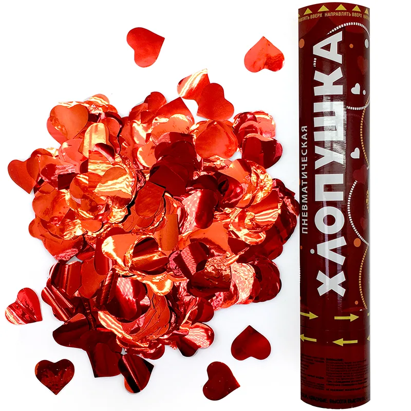 Пневмохлопушка (30 см), Сердца фольга, Красный, 1 шт.