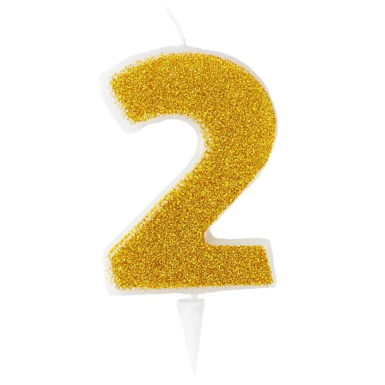 Свеча -цифра "2" Золотая Глиттер 6см