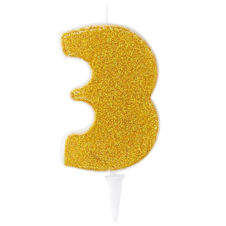 Свеча -цифра "3" Золотая Глиттер 6см