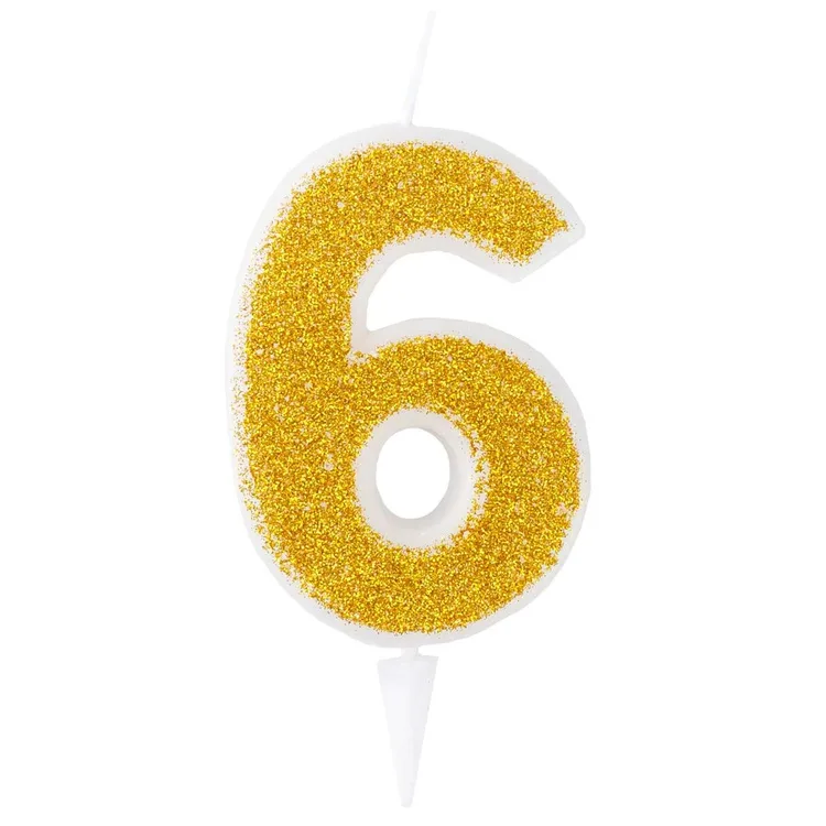 Свеча -цифра "6" Золотая Глиттер 6см