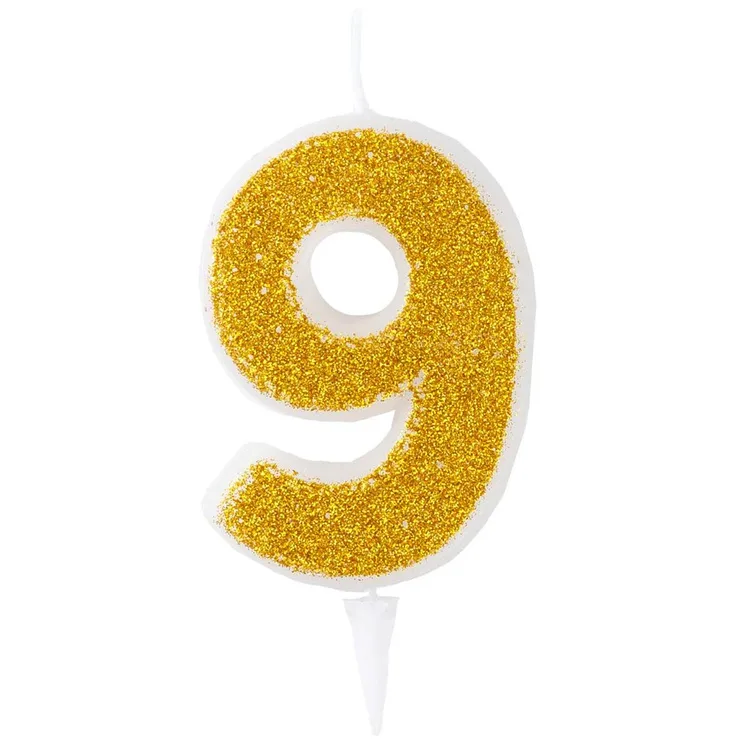 Свеча -цифра "9" Золотая Глиттер 6см