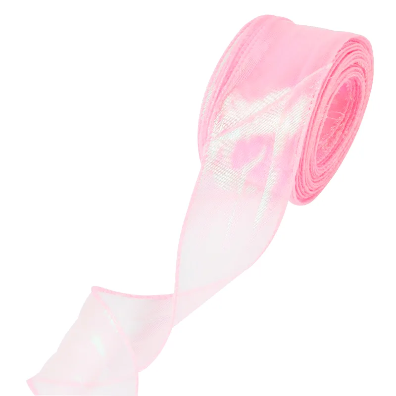 Лента декоративная (4 см*9,14 м) Органза с леской, Розовый, Хамелеон, 1 шт.