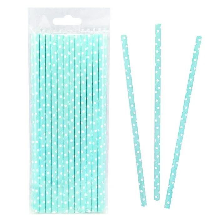 Трубочки для коктейля бумажные одноразовые "Горох" Белый на мятном 20 см. 25 шт.
