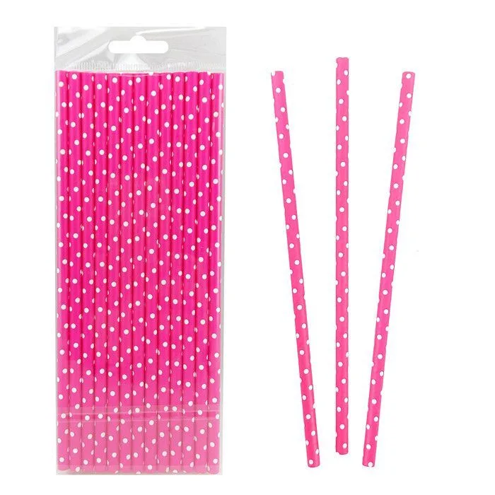 Трубочки для коктейля бумажные одноразовые "Горох" Белый на розовом 20 см. 25 шт.