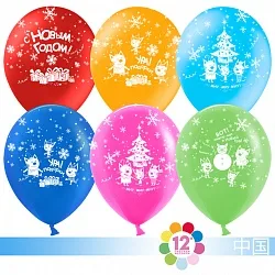 К 12"/30см С Новым Годом! (Три кота), Ассорти, пастель, 5 ст, 100 шт.(Китай)
