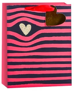 Пакет подарочный, Золотое сердце и полоски, Черный/Красный, с блестками, 32*26*12 см, 1 шт.