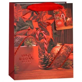 Пакет подарочный, Счастливого Рождества (пуансетия), Красный, с блестками, 32*26*13 см, 1 шт.