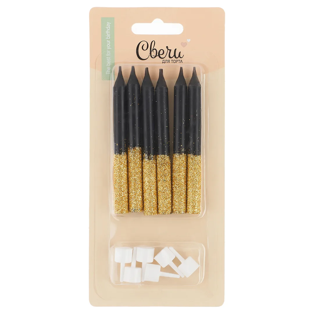 Свечи Сверкающий глиттер, Черный/Золото, с блестками, 0,77*8 см, 6 шт. с держат.