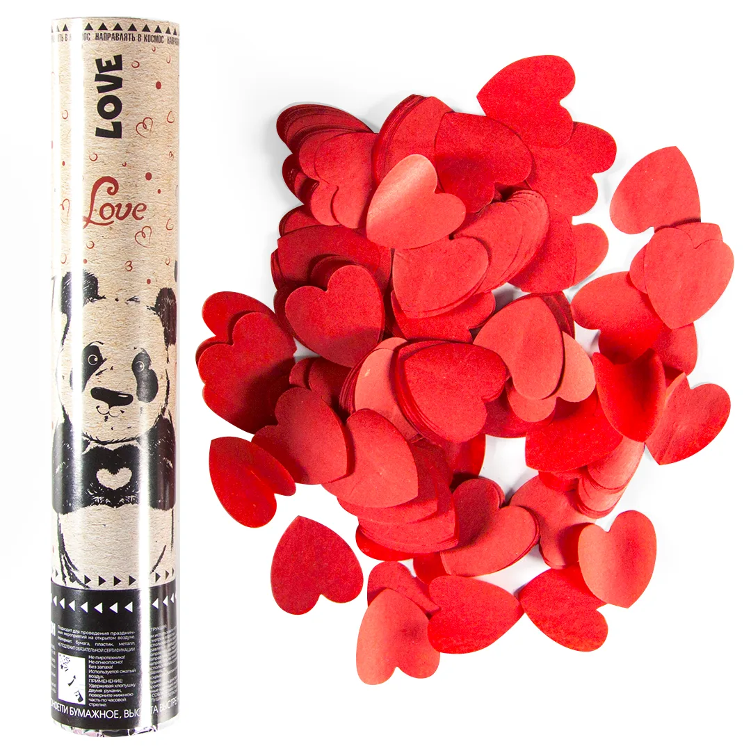 Пневмохлопушка (30 см), Панда, Сердца тишью, Красный, 1 шт.