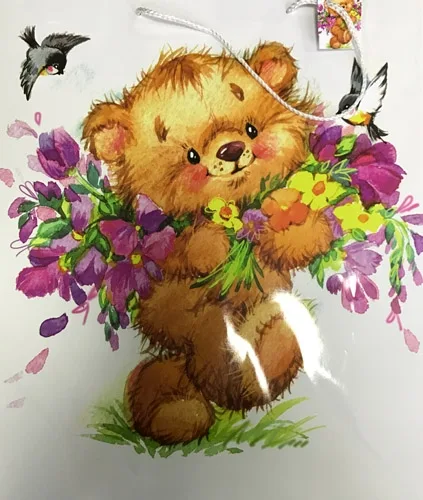 Пакет подарочный Медвежонок с цветами (ХХL) 47 х 40 х 14