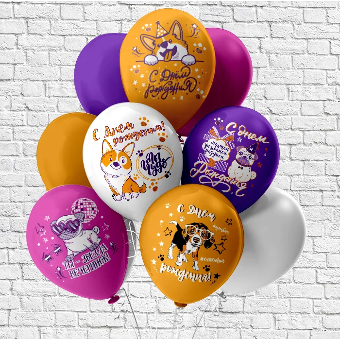 Б 12"/30см С днем рождения! Собачки 5 дизайнов  /25 шт./(Таиланд)