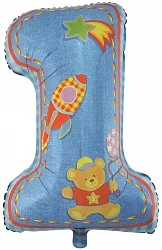 F 34"/86см Цифра "1" Первый день рождения, Мальчик, Голубой, 1 шт.(Китай)