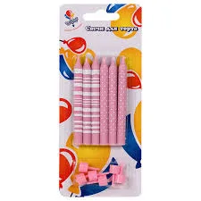 Свечи Полоски и Точки розовые 8 см с держателями 6 шт.