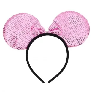 Ободок Ушки Мышки с бантиком, Розовый, блестящий