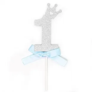 Топпер в торт, Цифра "1" (Корона), Серебро, 1 шт.