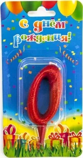 Свеча  цифра "0" Овал, красная, с блестками, 8 см./ 1шт.